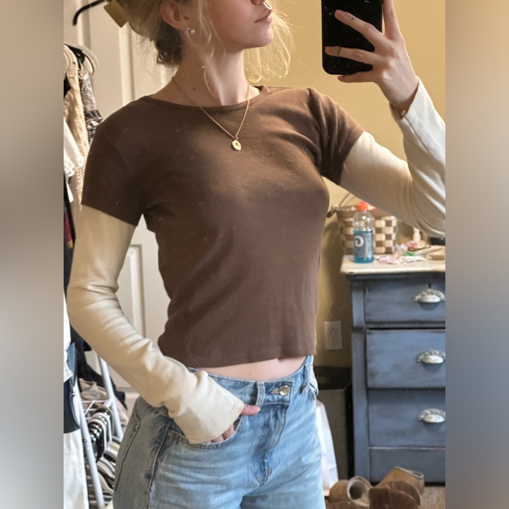 Brandy Melville Brown and Cream Long Sleeve Tee